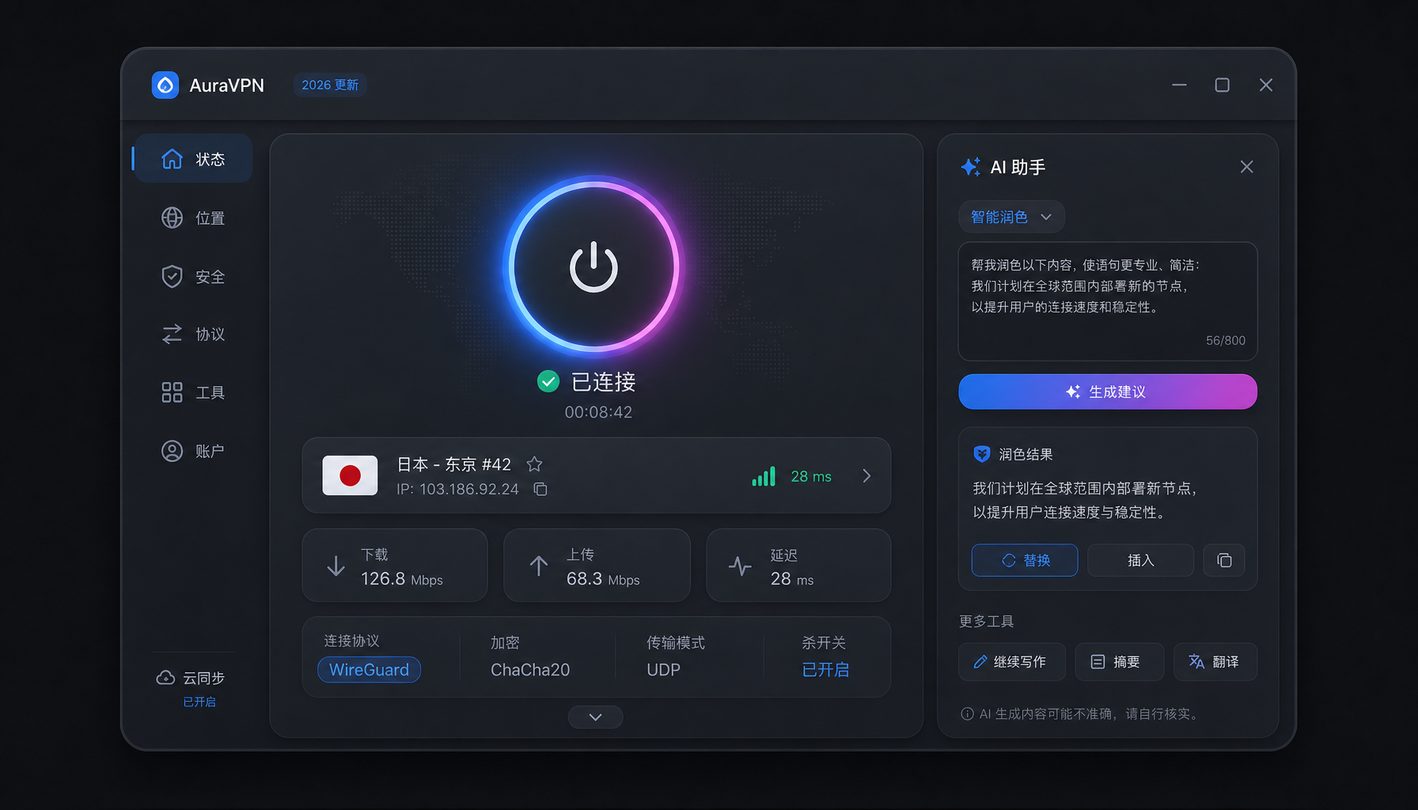 AuraVPN 连接成功数据面板展示，体现极速与安全