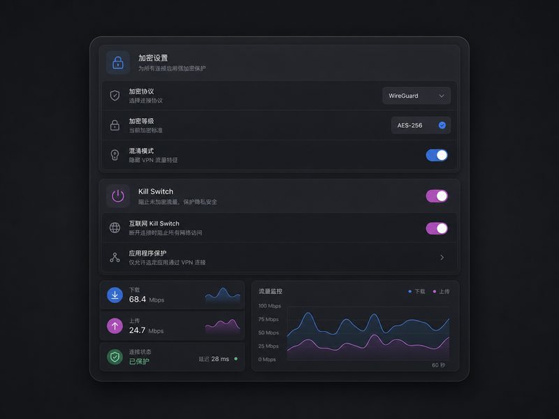 AuraVPN进阶级隐私与安全设置面板，包含Kill Switch与防DNS泄露功能